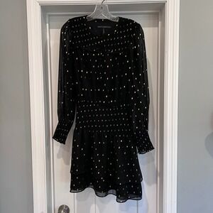 White House Black Market Black Gold Metallic Smocked Mini Dress XS Long Sleeve